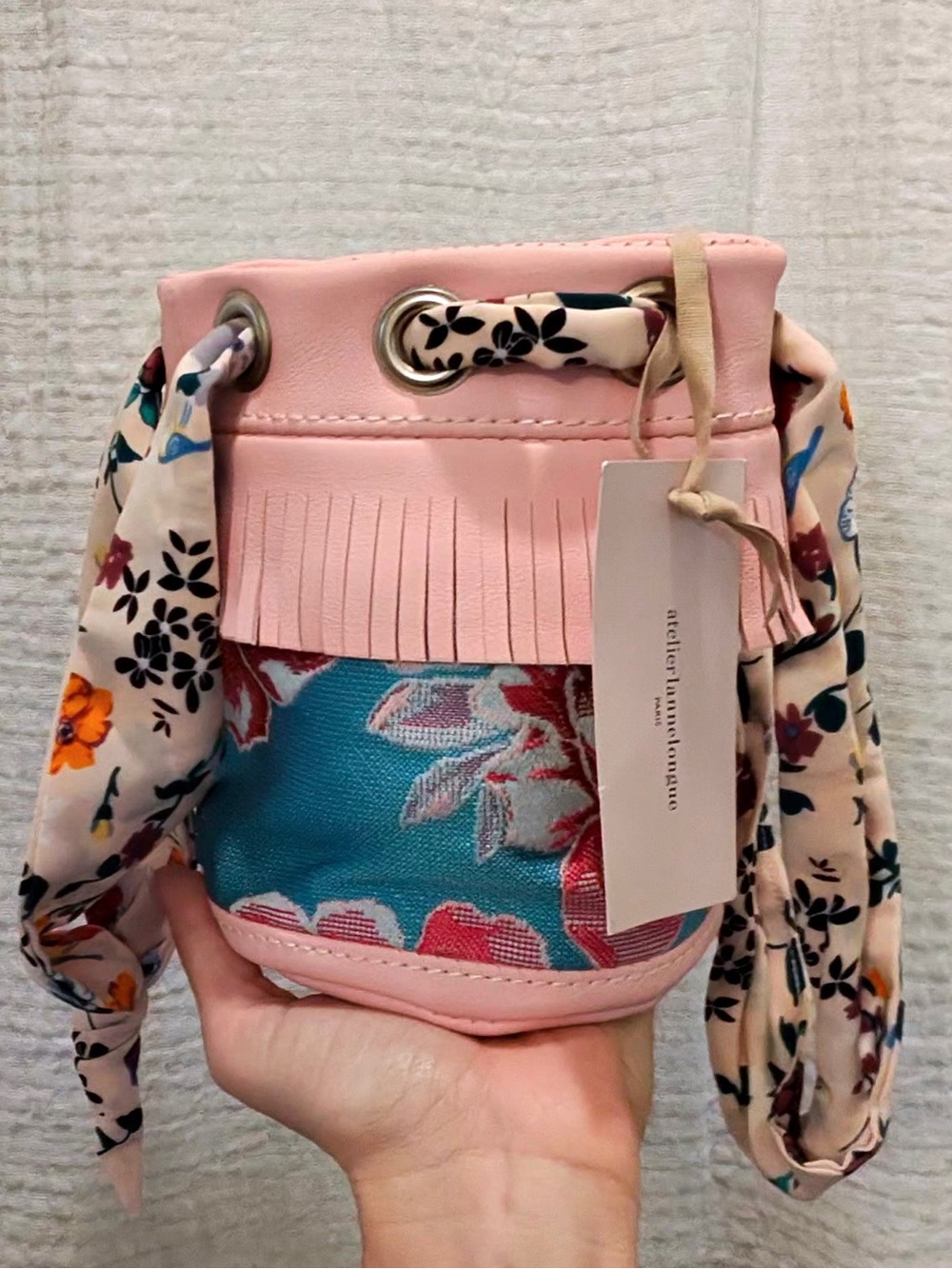 Atelier Lannelongue Paris Made In France Pink Leather Floral Fringe Bucket Bag